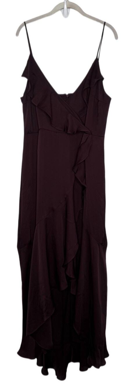 Express Womens Maroon Satin Maxi Dress Ruffle Straps Sleeveless V-Neck Size L